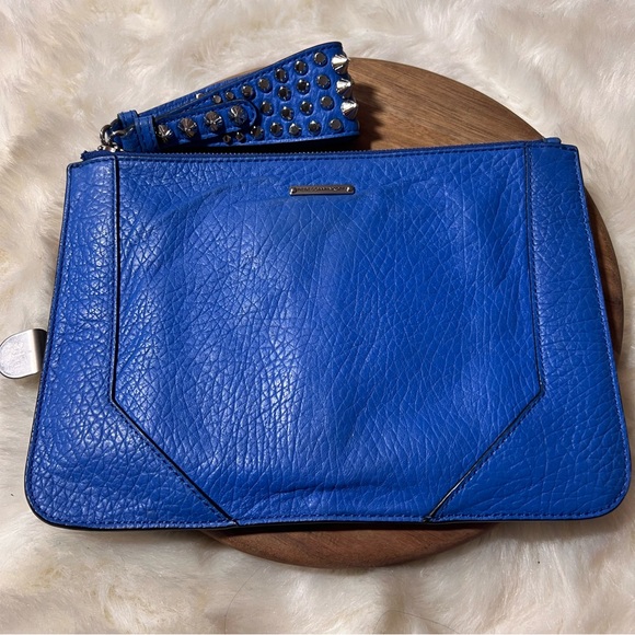 Rebecca Minkoff Blue Jax Pebbled Leather Clutch with Studded Wristlet - Picture 2 of 11